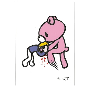 May include: A pink cartoon bear with black claws and a black eye is depicted attacking a stick figure wearing blue and yellow. Red splatters are below the stick figure. The image is on a white background.