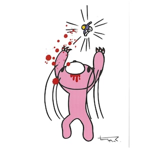 May include: A pink cartoon bear with black outlines and claws, arms raised towards a small figure with a yellow head and blue body. Red blood splatters and drips are present, with white background.