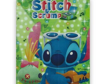 May include: A green background with a blue Stitch character playing a guitar and wearing sunglasses. A green Scrump character is to the left of Stitch. The text "Stitch & Scrump" is at the top of the image.