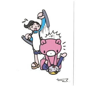 May include: Cartoon illustration of a person in an apron hitting a pink bear with a blue object. A person is on the ground, and the bear is standing over them. The image has a white background and is in a cartoon style.
