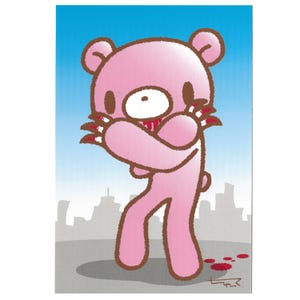 May include: Pink cartoon bear illustration with brown outlines, red claws, and blood on its mouth and paws. The bear is standing in front of a cityscape with a blue sky background.