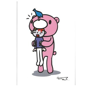 May include: A cartoon illustration depicts a pink bear holding a small figure with a bloody head. A blue bird sits atop the bear's head. The small figure is wearing a blue shirt and white pants. The artwork has a simple, graphic style.