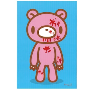 May include: Pink cartoon bear illustration with brown outlines and red blood splatter details. The bear has a white muzzle and is set against a light blue background. The image has a cute but edgy aesthetic.