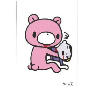 May include: A pink cartoon bear with black outlines and a white belly is depicted in a graphic illustration. The bear is holding a person with a white head and blue clothing, with blood dripping from both. The image has a white background.