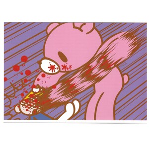 May include: A pink cartoon bear with white paws and a small tail, attacking a smaller yellow and white creature. The bear has blood splatters on its face and arm, with a brown and red streak across its body. The background is purple with brown diagonal lines.