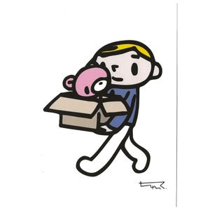 May include: A cartoon illustration of a person carrying a cardboard box containing a pink creature with a large eye. The person has yellow hair and is wearing a blue shirt. The artwork is in a simple, minimalist style.