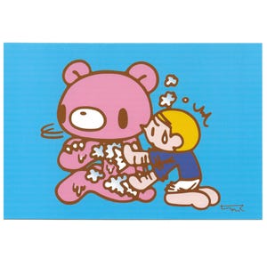 May include: A cartoon illustration on a blue background features a pink bear with white floral designs and a person in a blue shirt and yellow hair. The person is kneeling and appears to be tending to the bear.