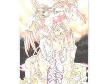 Cartolina d'arte in stile anime dell'artista manga giapponese Tooko Miyagi, anni '90/2000