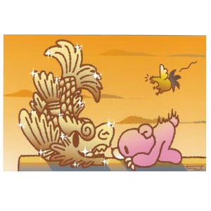May include: A whimsical illustration featuring a golden dragon with sparkling accents, a pink creature, and a yellow bird against an orange sky. The artwork has a cartoonish style, with a playful and imaginative theme.