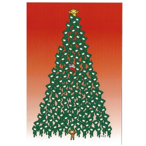May include: A whimsical illustration features a Christmas tree shape formed by numerous green figures with white eyes. A yellow figure sits atop the tree, and a brown figure stands at the base. The background is a gradient of red and orange.