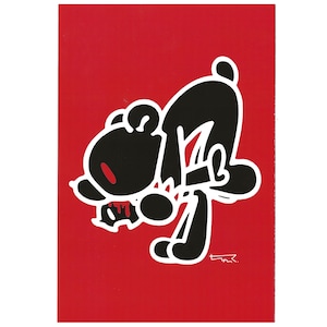 May include: A black cartoon bear illustration with a red nose and red accents on a red background. The bear is in a bent-over position, with a white outline. The image has a signature in the bottom right corner.