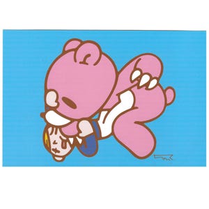 May include: A pink cartoon bear with white claws and a brown outline, holding a person with blonde hair and a blue uniform. The background is a solid light blue.