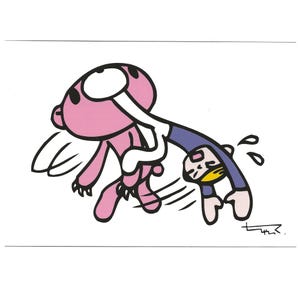 May include: A cartoon illustration depicts a pink bear-like figure interacting with a person in blue pants and a white shirt. The bear is in motion, with motion lines suggesting movement. The person is bent over, with a yellow and white face.