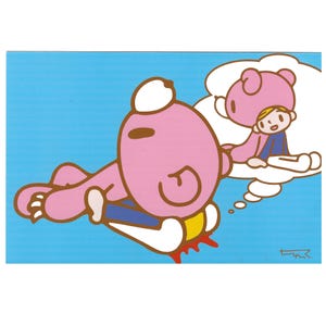 May include: A cartoon illustration featuring a pink bear-like character lying down on a blue background. The bear has a white hat and is dreaming of a child in a pink bear costume. The style is simple with bold outlines.