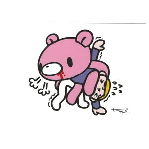 May include: A cartoon illustration of a pink bear-like creature with a bloody nose, wrestling a person. The person is wearing a blue shirt and yellow hair. The bear is wearing a blue shirt. The image is on a white background.