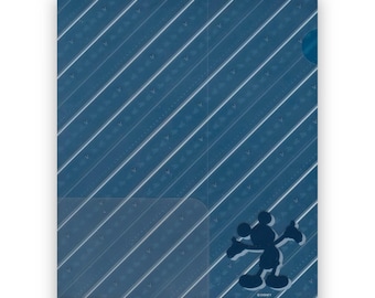 May include: Blue plastic folder with a Mickey Mouse silhouette on the front. The folder has a diagonal striped pattern with small Mickey Mouse heads throughout. The text "DISNEY" is printed on the bottom right corner.