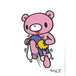 May include: A pink cartoon bear with black eyes and a bloody mouth is depicted attacking a figure in blue pants and a yellow shirt. The illustration is in a simple, bold style with black outlines and a white background.