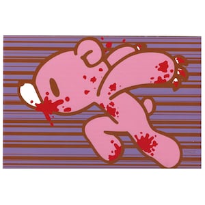 May include: Pink cartoon bear illustration with brown outlines and red blood splatters. The bear is depicted in a running pose against a background of purple and brown horizontal stripes. The bear has a white nose and brown eyes.