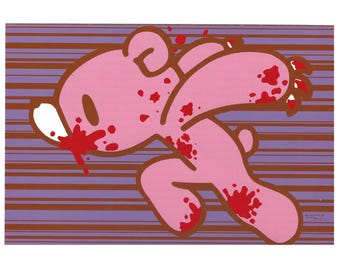 May include: Pink cartoon bear illustration with brown outlines and red blood splatters. The bear is depicted in a running pose against a background of purple and brown horizontal stripes. The bear has a white nose and brown eyes.
