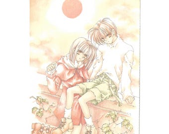 Cartolina d'arte in stile anime dell'artista manga giapponese Tooko Miyagi, anni '90/2000