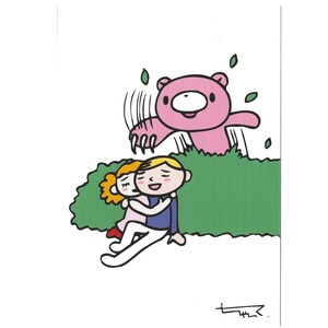 May include: A cartoon illustration depicts a pink bear emerging from green foliage, reaching towards a couple embracing. The couple, a blonde woman and a man in a blue shirt, are seated. The image has a white background and a playful, whimsical style.
