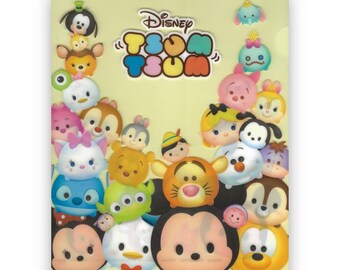 May include: A yellow folder with a Disney Tsum Tsum design. The folder features a variety of Disney characters, including Mickey Mouse, Minnie Mouse, Donald Duck, Goofy, and Pluto. The text "Disney Tsum Tsum" is printed on the front of the folder.
