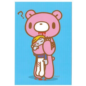 May include: A pink cartoon bear with a question mark above its head, holding a person with blonde hair and a blue shirt. The bear has brown accents and blood dripping from its mouth. The background is light blue.