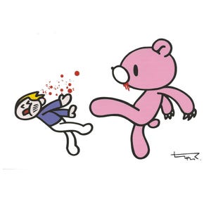 May include: A cartoon illustration depicts a pink bear kicking a person. The person is wearing a blue jacket and white pants. Red splatters suggest impact. The bear has a bloody mouth and wears glasses.