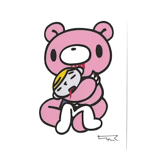 May include: Pink cartoon bear illustration with black outlines, holding a small figure. The bear has black eyes and a white oval-shaped mouth. Red blood-like details are present. The small figure has yellow hair and a white face. The image is on a white background.