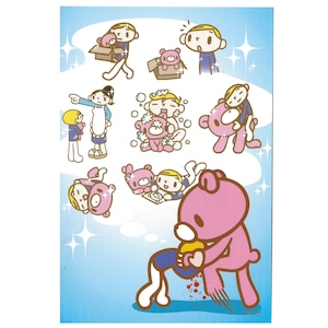 May include: A sheet of stickers featuring cartoon illustrations of a pink bear and a blonde-haired person in various scenarios. The background is light blue with white starburst accents.
