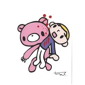 May include: A cartoon illustration of a pink bear figure holding a person with a blue shirt. The bear has blood splatters on its head and the person has blood on their shirt. The artwork is on a white background.