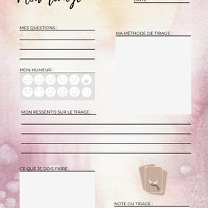 Könnte beinhalten: Ein druckbares Tarot-Lesejournal mit Abschnitten für Fragen, Stimmung, Gefühle und Handlungsschritte. Das Journal enthält einen Platz für eine Tarotkartenlesung und ein Bewertungssystem.