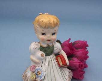 Vintage Napco October Figurine Bell: Kitschy Girl with Book