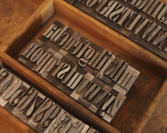 Könnte beinhalten: Nahaufnahme einer Holzkiste gefüllt mit Vintage-Metall-Letterpress-Druckblöcken. Die Blöcke sind in Reihen angeordnet und zeigen verschiedene Schriftarten und -größen von Groß- und Kleinbuchstaben und Zahlen. Die Holzkiste hat eine warme, natürliche Oberfläche.