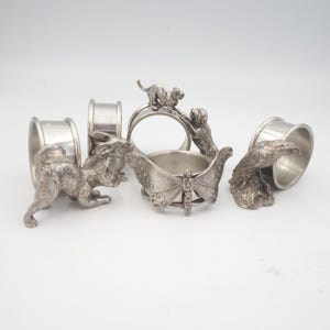 Vintage Pewter Animal Napkin Rings Holders Butterflies Rabbits Eagles Cats and Dogs