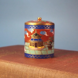Vintage Enameled Canister with Hand Painted Scene Cloisonné