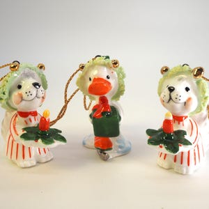 Vintage Suzy&#39;s Zoo Christmas Ornaments by Enesco Skating Duck Two Mice Set of Three
