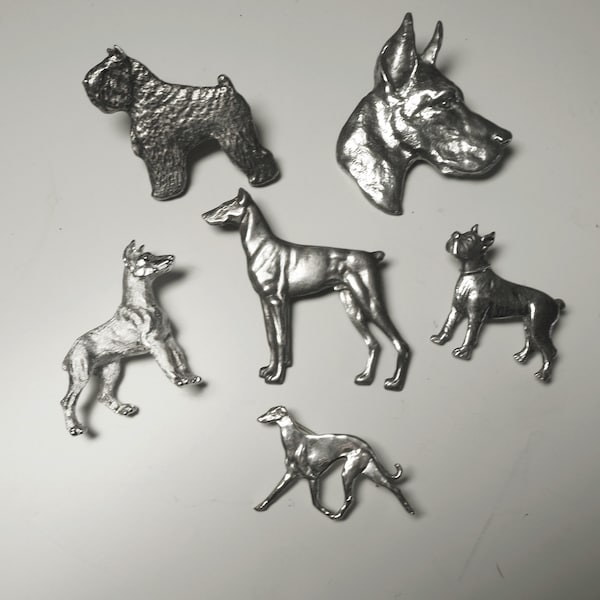 Vintage Dog Pins Brooches Terrier Great Dane Boxer Great Dane Silver and Silver Tone Sold Separately
