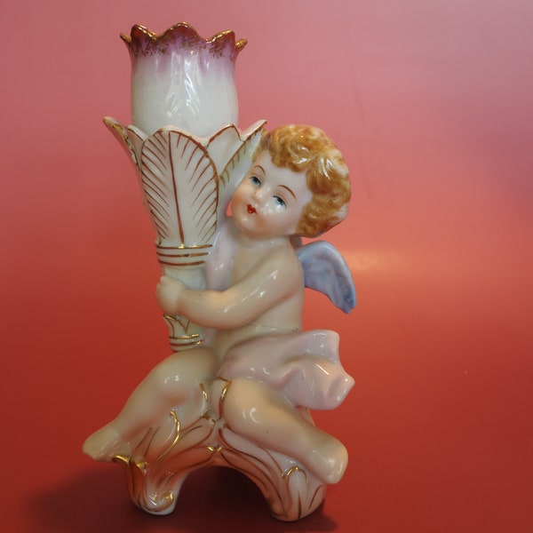 Vintage Ucagco Japan Angel Cherub Candle Holder Figurine Hand Painted Hand Painted China Kitschy Angel