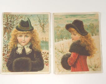 Antique Linen Lithograph: Victorian Girl Winter Scene