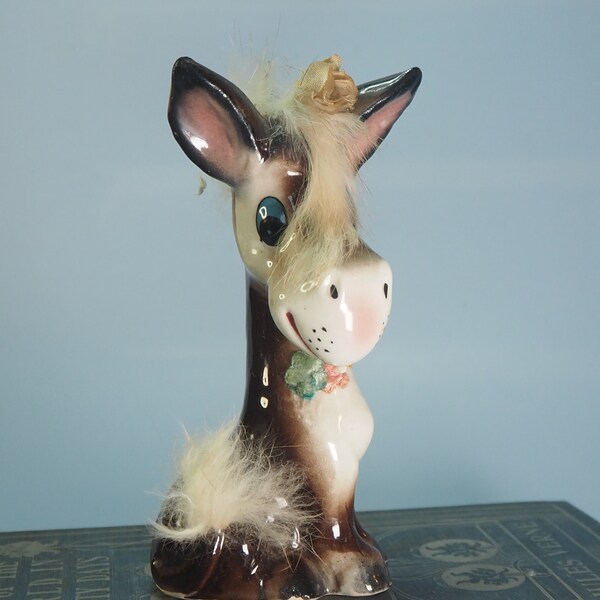 Darling Vintage Donkey by Norleans with Fake Fur and Flowers Kitschy Donkey Figurine