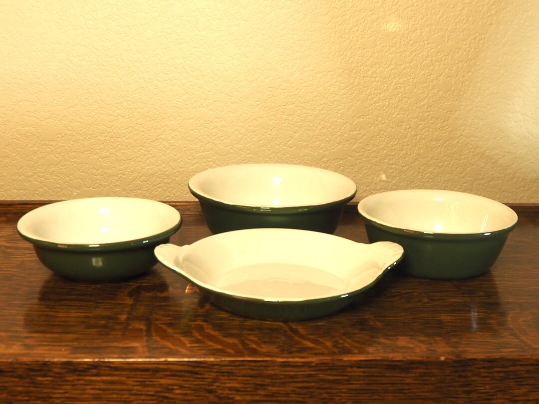 Vintage Hall Bowls and Au Gratin Dish Green and White #432 #389 #391 3/ ...