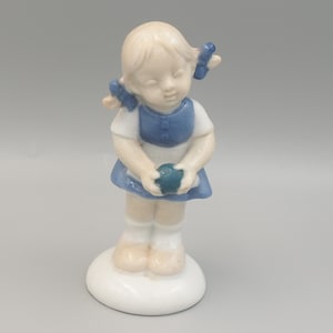 Vintage GH&Co German Porcelain Figurine Girl with Ball Blue and White East Germany