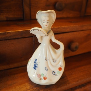 Vintage Victorian Lady Porcelain Figurine Bell: Floral Dress, Gold Details