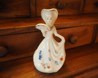Vintage Victorian Lady Porcelain Figurine Bell: Floral Dress, Gold Details
