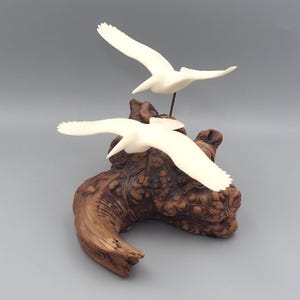 Pelicans in Flight Sculpture on Polished Art Burlwood Vintage Ocean Decor