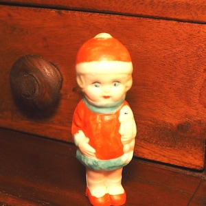 Vintage Bisque Penny Doll: Girl in Red Coat, Made in Japan