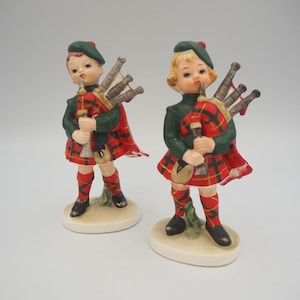 Vintage Lefton Scottish Boy and Girl Bagpiper Figurines Set of Two