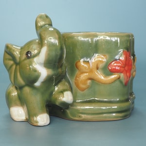 Vintage Pottery Elephant Planter Trunk Up Lucky Elephant Planter Bamboo Succulent