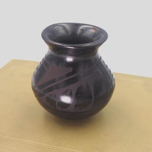Vintage Small Pot Black on Black Pottery Signed Manuel Olivas Mata Ortiz